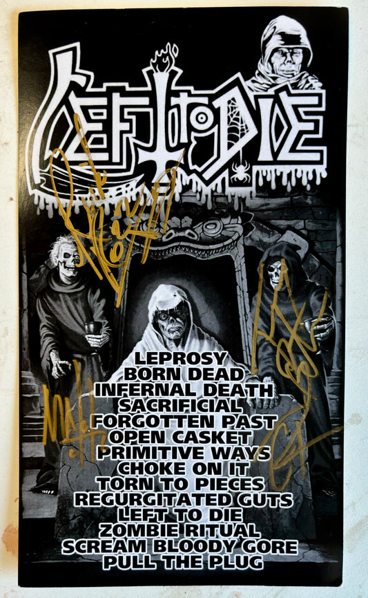 LEFT TO DIE signed setlist from the 2024 European "Scream Bloody Leprosy" tour